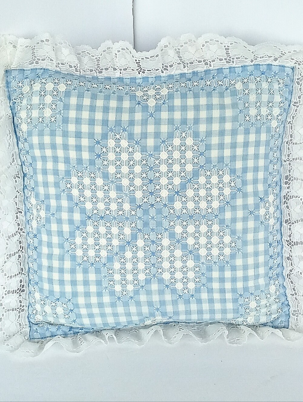 Chicken Scratch Blue Gingham Throw Pillow Handmade 14"x14"